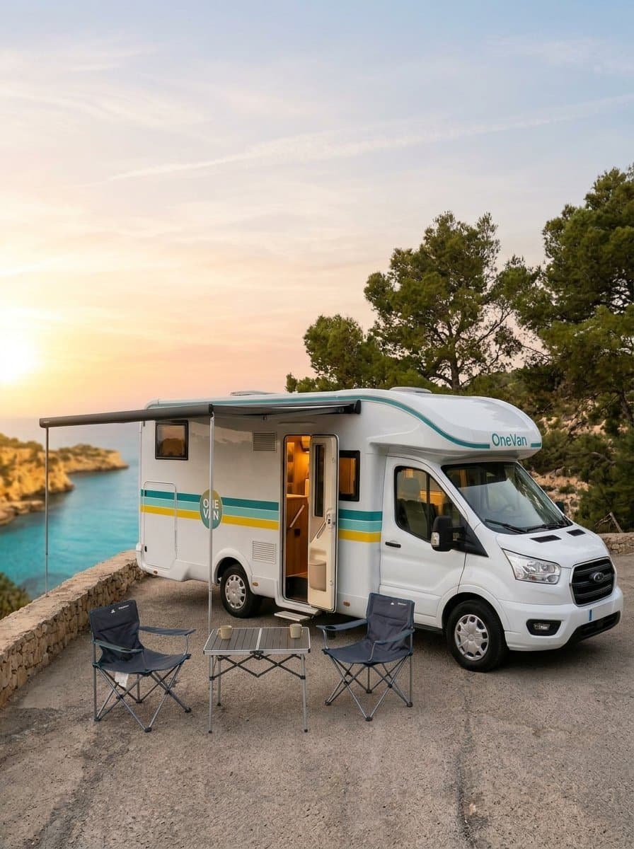 Autocaravana OneVan con el toldo y la puerta abiertos frente a una cala al atardecer